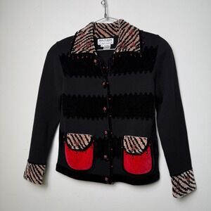 Jack B Quick Beaded Rose‎ Cardigan Sweater Black Red Chevron Size PP